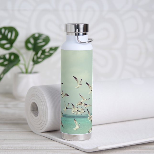Flock of Flying Seagulls Over Ocean. Water Bottle (Yoga)