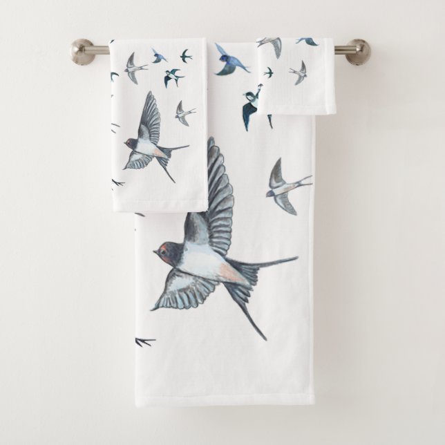 Flock Of Flying Swallow Birds Illustration Bath Towel Set (Insitu)