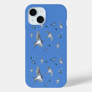 Flock Of Flying Swallow Birds Illustration Blue iPhone 15 Case