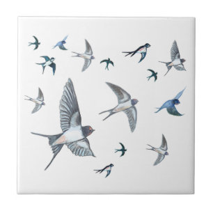 Flock Of Flying Swallow Birds Illustration Ceramic Tile