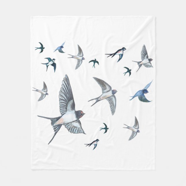 Flock Of Flying Swallow Birds Illustration Fleece Blanket (Front)