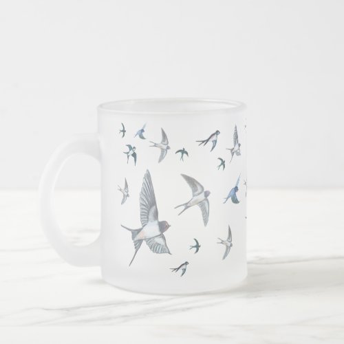 Flock Of Flying Swallow Birds Illustration Frosted Glass Coffee Mug