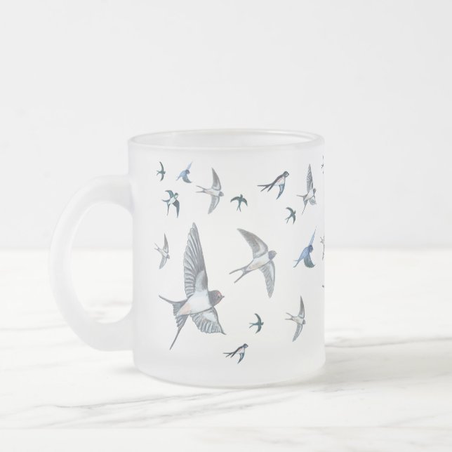 Flock Of Flying Swallow Birds Illustration Frosted Glass Coffee Mug (Left)