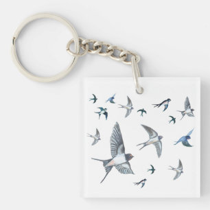 Flock Of Flying Swallow Birds Illustration Keychain
