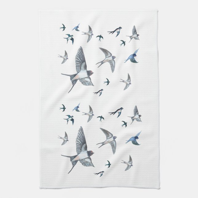 Flock Of Flying Swallow Birds Illustration Kitchen Towel (Vertical)
