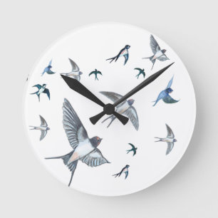 Flock Of Flying Swallow Birds Illustration Round Clock