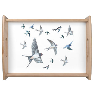 Flock Of Flying Swallow Birds Illustration Serving Tray