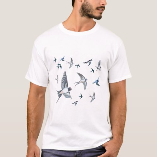 Flock Of Flying Swallow Birds Illustration T_Shirt