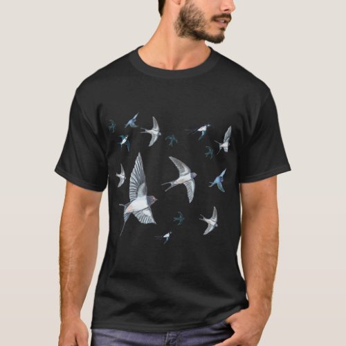 Flock Of Flying Swallow Birds Illustration T_Shirt