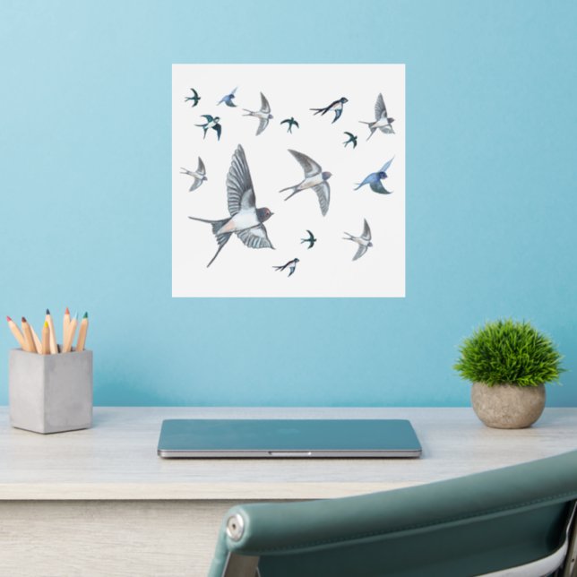 Flock Of Flying Swallow Birds Illustration Wall Decal (Home Office 2)