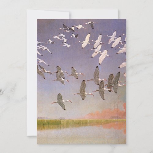 Flock of Ibis Flying Over Wetlands Vintage Birds