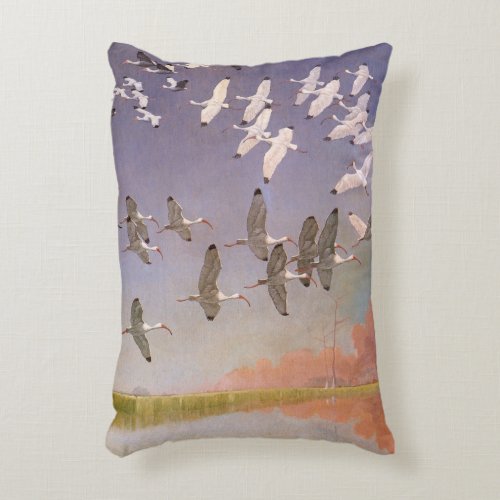 Flock of Ibis Flying Over Wetlands Vintage Birds Accent Pillow