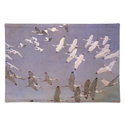 Flock of Ibis Flying Over Wetlands Vintage Birds Cloth Placemat