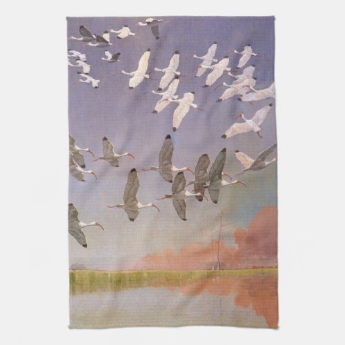 Flock of Ibis Flying Over Wetlands Vintage Birds Kitchen Towel