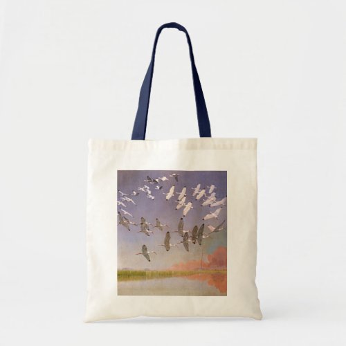 Flock of Ibis Flying Over Wetlands Vintage Birds Tote Bag