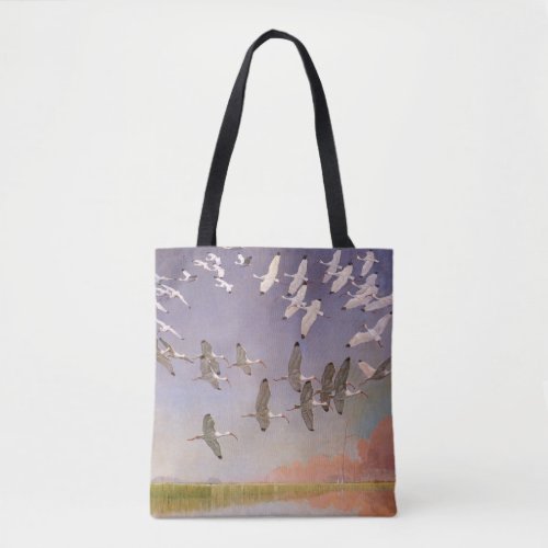 Flock of Ibis Flying Over Wetlands Vintage Birds Tote Bag