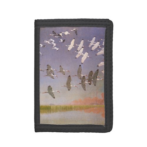 Flock of Ibis Flying Over Wetlands Vintage Birds Tri_fold Wallet