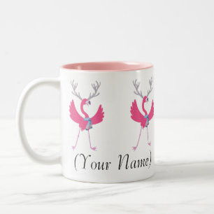 Flock of Pink Christmas Flamingo Santa Custom Name Two-Tone Coffee Mug