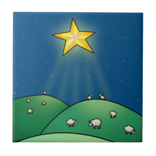 Flock of Sheep under Christmas Star Ceramic Tile