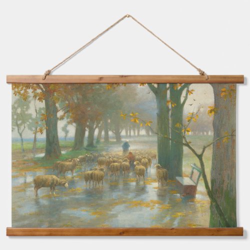 Flock of Sheep with Shepherdess on a Rainy Day Hanging Tapestry