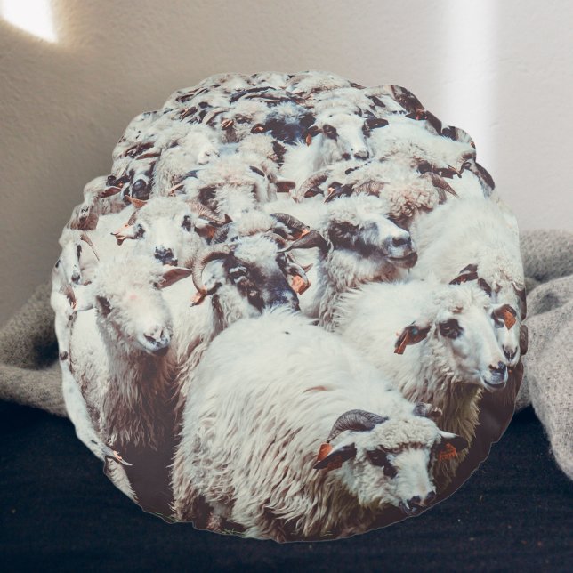Flock of white & black sheep round pillow (Creator Uploaded)