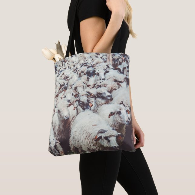 Flock of white & black sheep tote bag (Close Up)