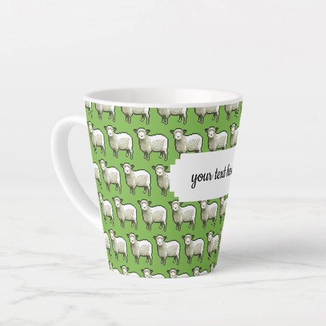 Flock Of Woolly White Sheep Pixel Art Pattern Latte Mug (Left Angle)