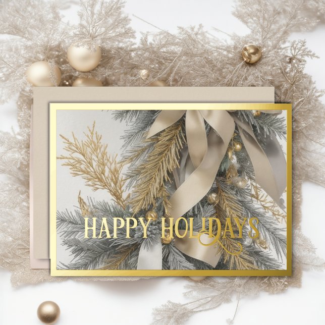 Flocked Evergreen Spray Ornaments Warm Gray Gold Foil Holiday Card (Creator Uploaded)