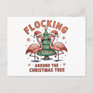 Flocking Around The Christmas Tree Pink Flamingo Holiday Postcard