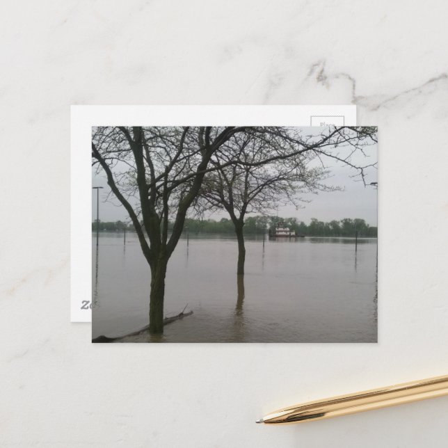 floodwaters in Burlington, Iowa  river barge Postcard (Front/Back In Situ)