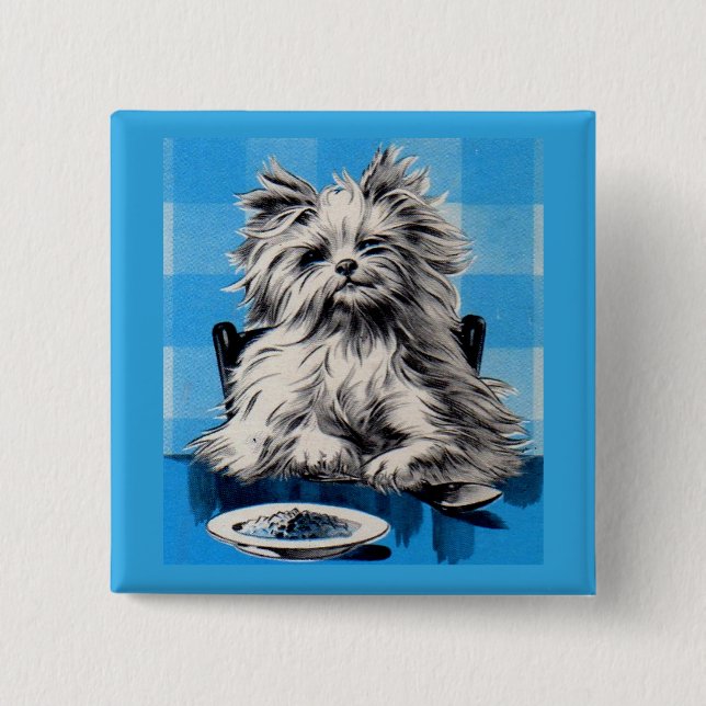 floofy dog eating at the table button (Front)