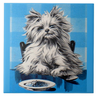 floofy dog eating at the table ceramic tile