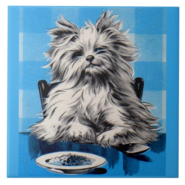 floofy dog eating at the table ceramic tile (Front)