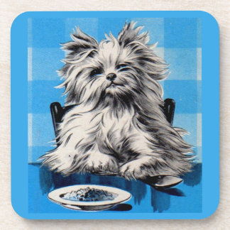floofy dog eating at the table drink coaster