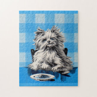 floofy dog eating at the table jigsaw puzzle