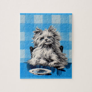 floofy dog eating at the table jigsaw puzzle