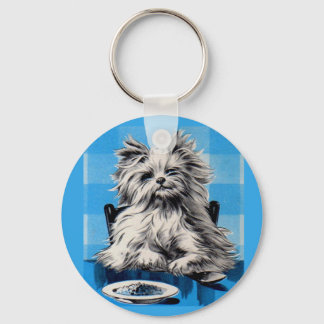 floofy dog eating at the table keychain