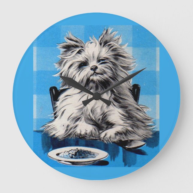 floofy dog eating at the table large clock (Front)