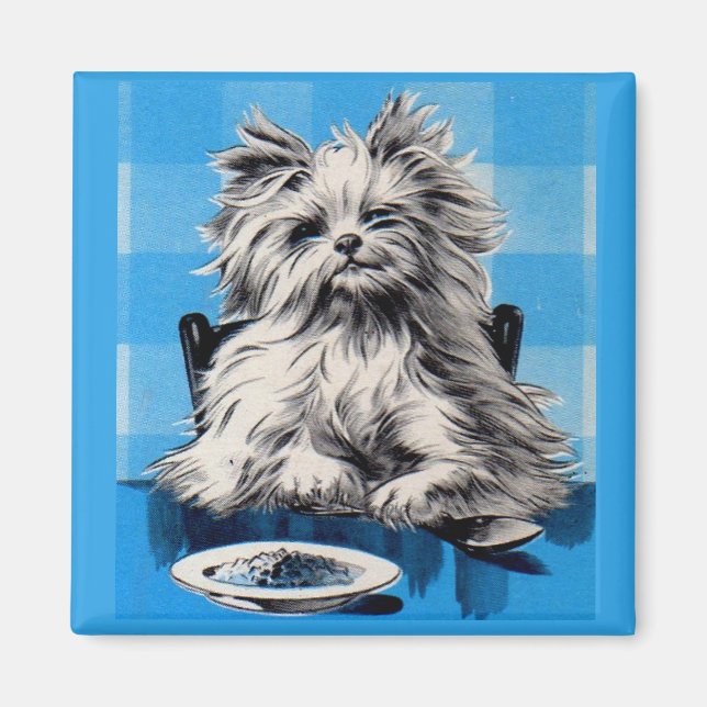 floofy dog eating at the table magnet (Front)
