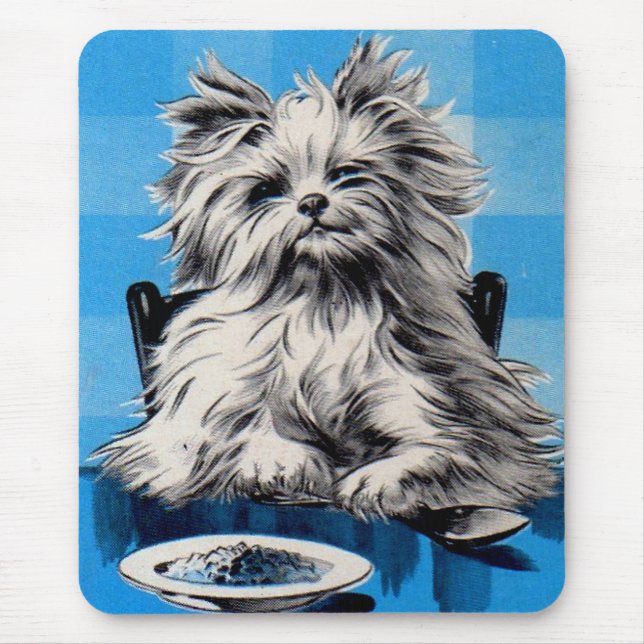 floofy dog eating at the table mouse pad (Front)