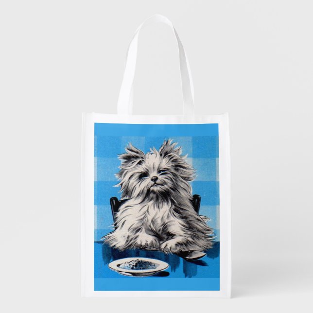 floofy dog eating at the table reusable grocery bag (Front)