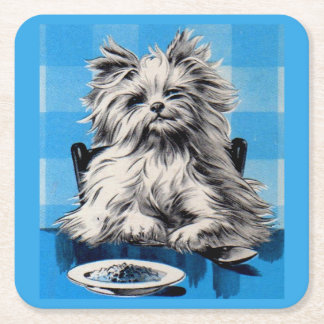 floofy dog eating at the table square paper coaster