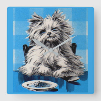 floofy dog eating at the table square wall clock