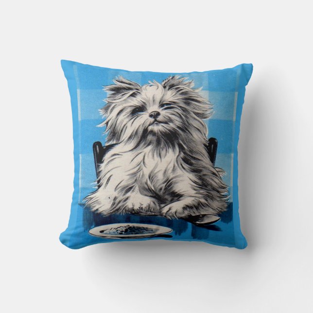 floofy dog eating at the table throw pillow (Front)