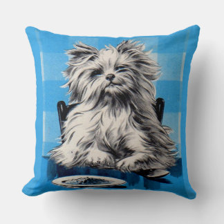 floofy dog eating at the table throw pillow
