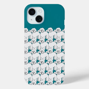 Floofy White Puppy Pattern on Teal iPhone 15 Case