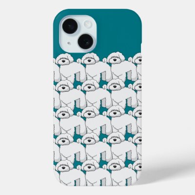 Floofy White Puppy Pattern on Teal iPhone 15 Case