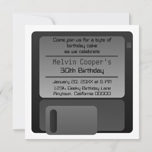 Floppy Disc Geek Birthday Party Invite, Gray Invitation (Front)