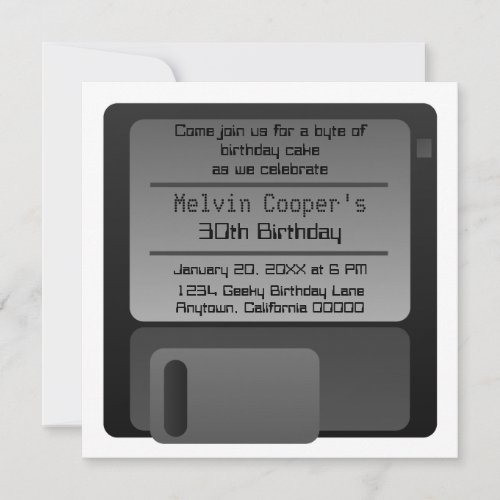 Floppy Disc Geek Birthday Party Invite, Gray