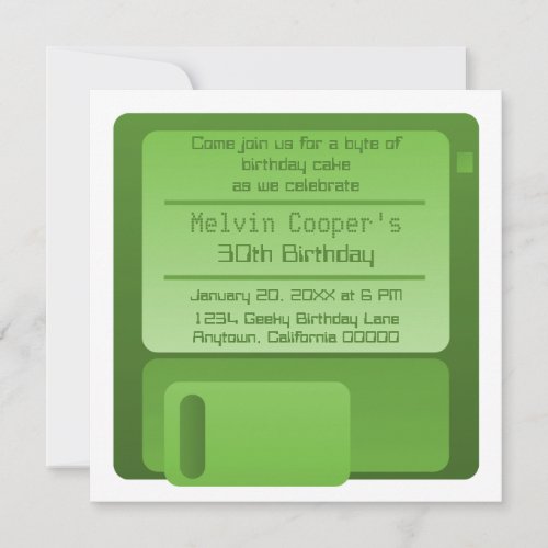 Floppy Disc Geek Birthday Party Invite, Green